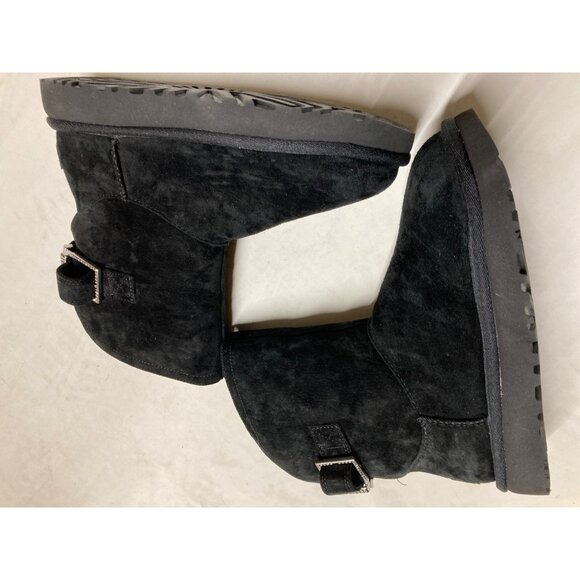 UGG Remora Buckle Crystal Bling Black Suede Fur Short Boots Size 5 US Women New - Picture 4 of 6